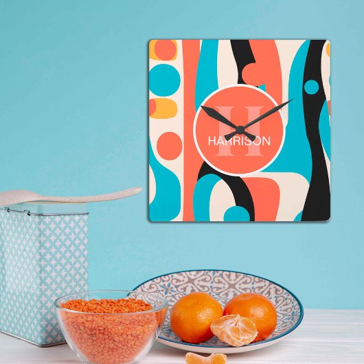 Horloge Carrée Retro Colorful Abstract Pattern with Monogram