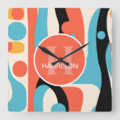 Horloge Carrée Retro Colorful Abstract Pattern with Monogram (Recto)