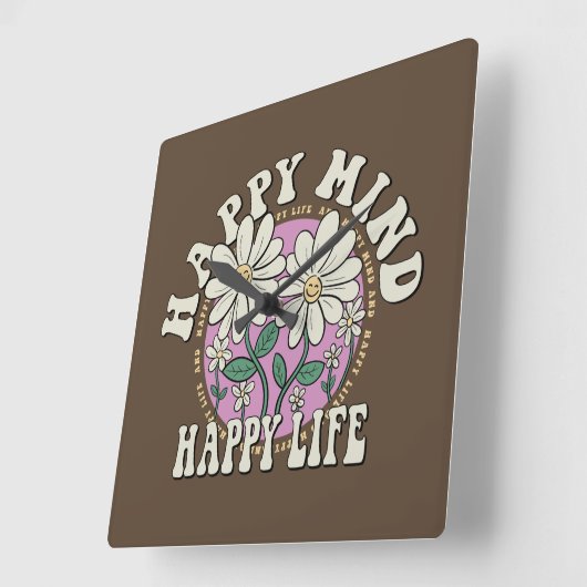 Horloge Carrée Retro Happy Mind Happy Life (Angle)