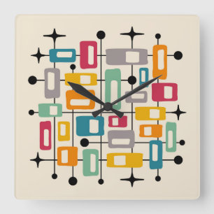 Horloge Carrée Retro Mid-Century Moderne Abstrait