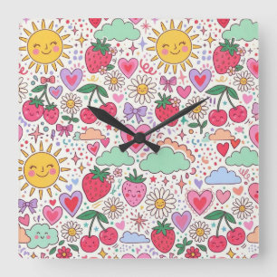 Horloge Carrée Rétro Mignon Fraise, Soleil, et Cœurs Heureux