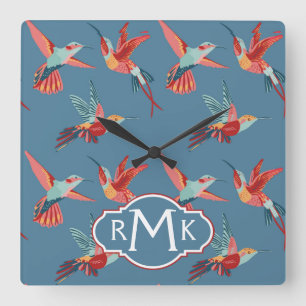 Horloge Carrée Rétro monogramme du motif de colibri