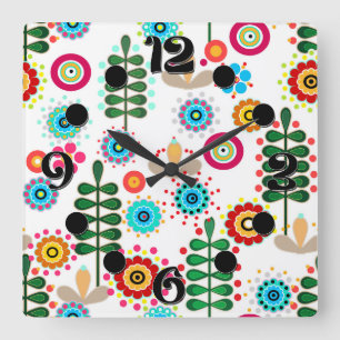 Horloge Carrée Rétro, motif floral