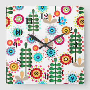 Horloge Carrée Rétro, motif floral