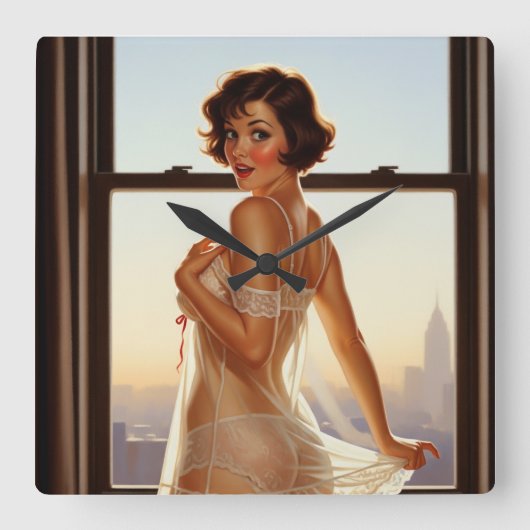 Horloge Carrée Retro Old School Pin-up Girl (Recto)