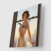 Horloge Carrée Retro Old School Pin-up Girl (Angle)