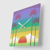 Horloge Carrée Retro Purple Sunset Palm Trees Art (Angle)
