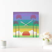 Horloge Carrée Retro Purple Sunset Palm Trees Art (Maison)