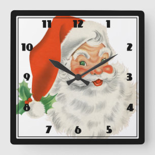 Horloge Carrée Retro Santa Claus and Holly