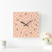 Horloge Carrée Retro Yellow Pink Check Warped Checkered Dorm (Maison)