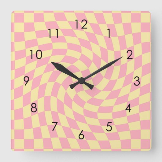 Horloge Carrée Retro Yellow Pink Check Warped Checkered Dorm (Recto)