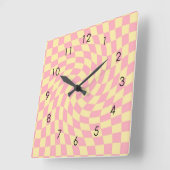 Horloge Carrée Retro Yellow Pink Check Warped Checkered Dorm (Angle)