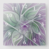 Horloge Carrée Rêve de fleurs, Abstrait violet vert Fractal Art (Recto)
