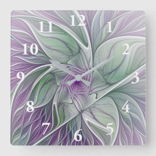 Horloge Carrée Rêve de fleurs, Abstrait violet vert Fractal Art
