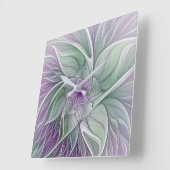 Horloge Carrée Rêve de fleurs, Abstrait violet vert Fractal Art (Angle)