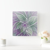 Horloge Carrée Rêve de fleurs, Abstrait violet vert Fractal Art (Maison)