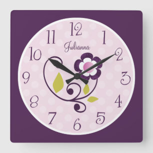 Horloge Carrée Réveil de nurserie fleur violette personnalisé