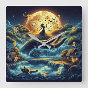 Horloge Carrée Rêverie au Clair de Lune – Paysage de Rêves