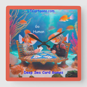 Horloge Carrée Rick London Poisson Jouant "Go Fish" Jeu de Cartes