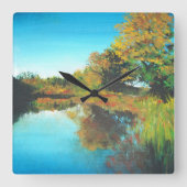 Horloge Carrée Rivières Arbres Automne Paysage Art (Recto)