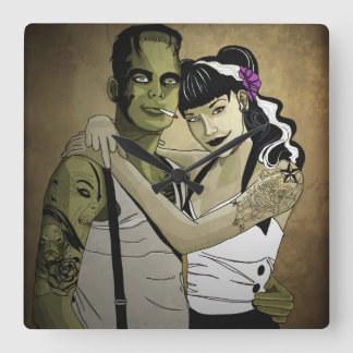 Horloge Carrée Rockabilly Frank et Bride