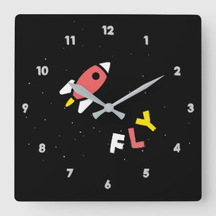 Horloge Carrée Rocket - Rouge & Jaune Pop Art Abstrait. FLY!