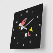 Horloge Carrée Rocket - Rouge & Jaune Pop Art Abstrait. FLY! (Angle)