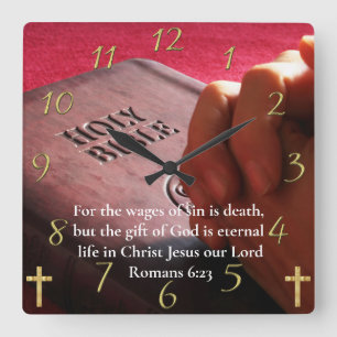 Horloge Carrée Romains 6:23 sainte bible avec les mains