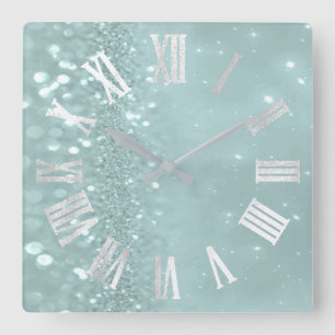 Horloge Carrée Roman Numbers Silver Gray Teal Mint Glitter Glam