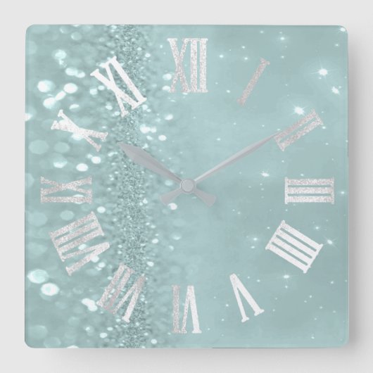 Horloge Carrée Roman Numbers Silver Gray Teal Mint Glitter Glam (Recto)