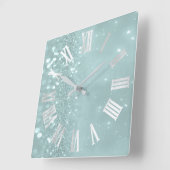 Horloge Carrée Roman Numbers Silver Gray Teal Mint Glitter Glam (Angle)