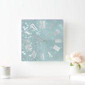 Horloge Carrée Roman Numbers Silver Gray Teal Mint Glitter Glam (Maison)