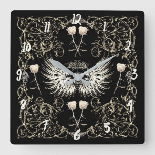Horloge Carrée Romance gothique victorien crâne ailes et roses bl