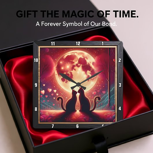 Horloge Carrée Romantic Cat Silhouette Full Moon