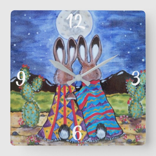 Horloge Carrée Romantic Rabbit Moon Southwest Clock Jackrabbit (Recto)