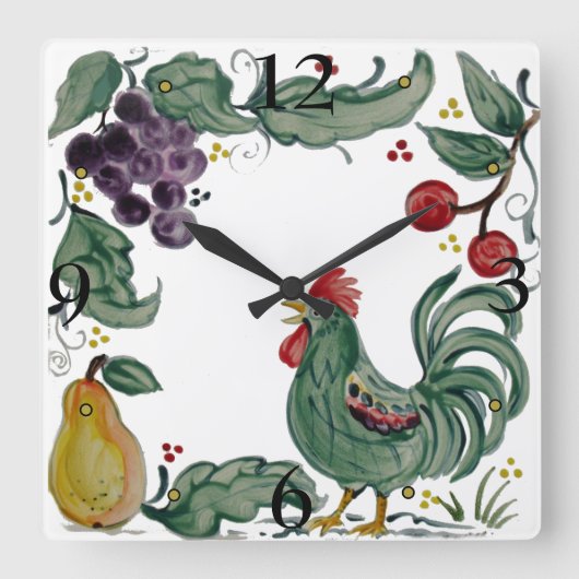 Horloge Carrée Rooster Turquoise rustique Fruit Folk Style Carrel (Recto)