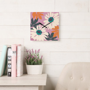 Horloge Carrée Rose Blanc Couleur Pop Daisées Artistique Floral