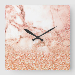 Horloge Carrée Rose chic Gold Ombre Parties scintillant Marbre