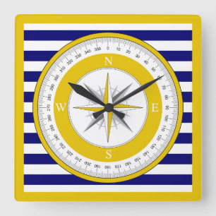 Horloge Carrée Rose de boussole jaune Bleu et blanc