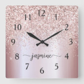 Horloge Carrée Rose élégant Parties scintillant or Monogramme Nom (Recto)