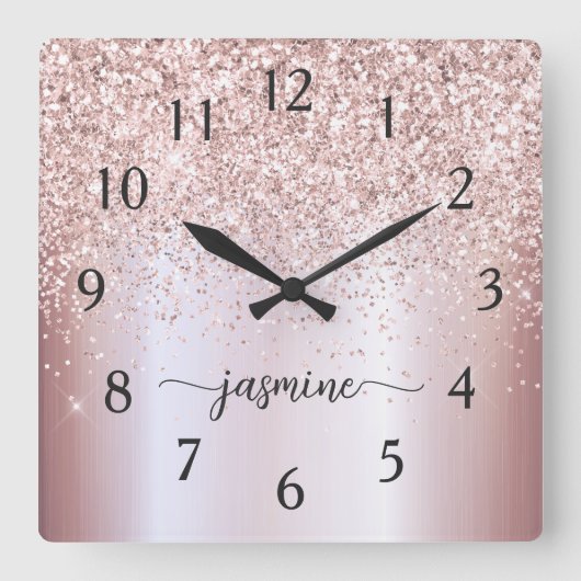 Horloge Carrée Rose élégant Parties scintillant or Monogramme Nom (Recto)