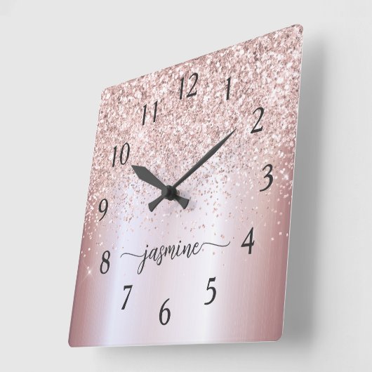 Horloge Carrée Rose élégant Parties scintillant or Monogramme Nom (Angle)
