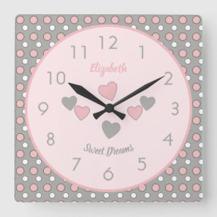 Horloge Carrée Rose et gris avec des pois et un nom