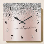 Horloge Carrée Rose Gold<br><div class="desc">Rose Gold - Blush Pink and Silver Faux Foil Metallic Sparkle Glitter Brushed Metal Monogram Nom Clock. This makes the perfect sweet 16 birthday,  wedding,  bridal shower,  anniversary,  baby shower or bachelorette party gift for someone that loves glam luxury and chic styles.</div>