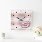 Horloge Carrée Rose Gold Black White Kiss Lièvres Stripes Lignes (Maison)