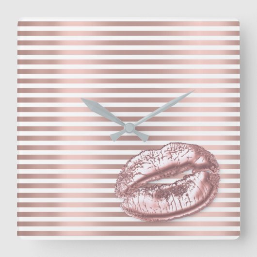 Horloge Carrée Rose Gold Blanc Arabe Numéros Kiss Lips Stripes (Recto)