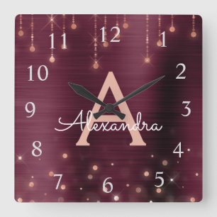 Horloge Carrée Rose Gold Burgundy Sparkle Monogram