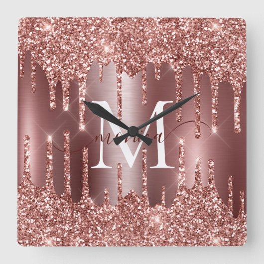 Horloge Carrée Rose Gold Glitter Coulures Monogramme Personnalisé (Recto)