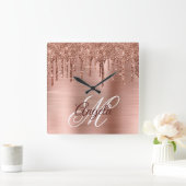 Horloge Carrée Rose Gold Pailleté Brillant en Feuille Dégoulinant (Maison)