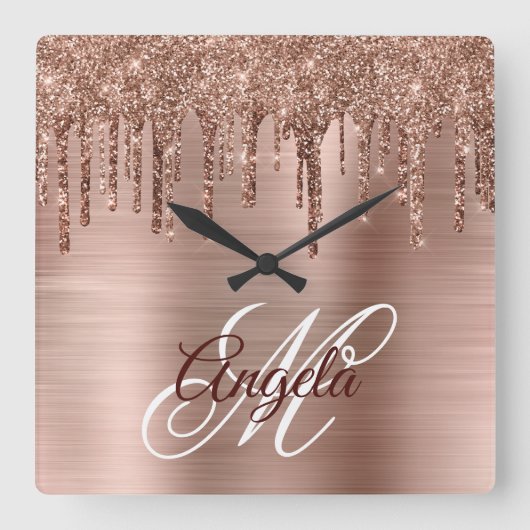 Horloge Carrée Rose Gold Pailleté Brillant en Feuille Dégoulinant (Recto)